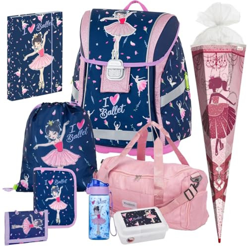 Premium Light Ballerina - Tänzerin - Schulranzen-Set 9tlg. mit Schultüte, Sporttasche, Brustbeutel, Brotdose und Trinkflasche - Heftbox A4 Gratis