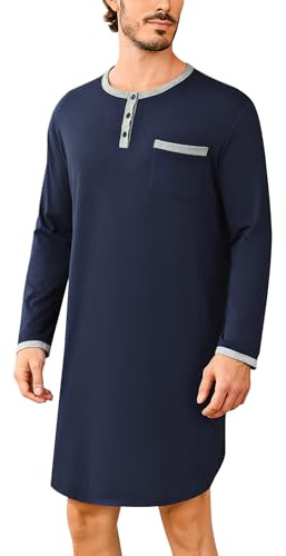 Uniexcosm Men's Long Sleeve Nightshirt, Pajama Tops for Men Button Round Neck Men's Nightwear Tops Nighties Nightgown Sleep Shirt Sleepwear Nightdress Loose Fit S-3XL Navy Blue