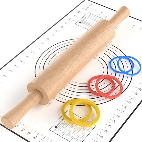 Rolling Pin with Handles,Dough Roller with 3 Thickness Rings & Pastry Mat
