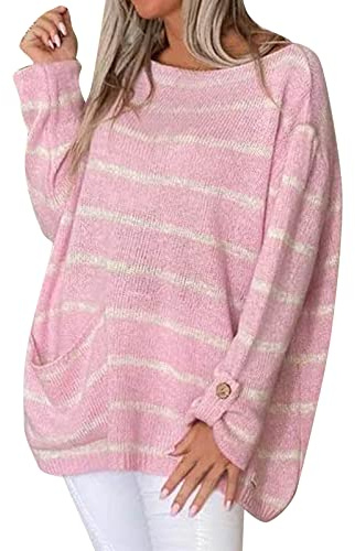 Générique Pull col Bateau Femme Chic imprimé rayé surdimensionné Pull Hiver Chaud Oversize Long avec Poches Large Pullover tricoté cotele léger Chandail Manche Longue Thermal Ample Pull-Over (L)