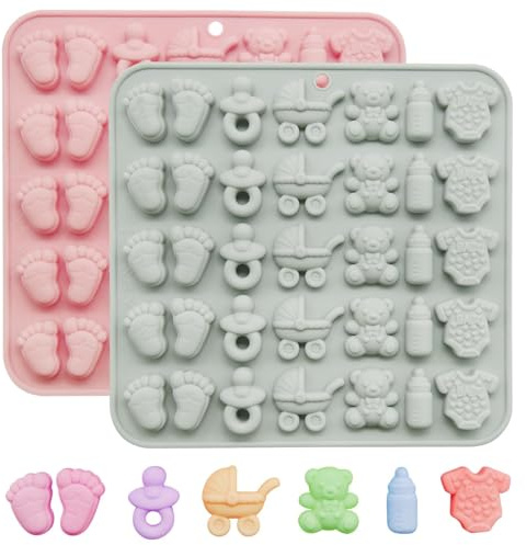 2Pcs Baby Shower Chocolate Molds Silicone Nonstick Baby Footprint Onesie Bottle Pacifier Carriage Bear Shaped Cute Mold, Cake Cupcake Decoration Moulds for Candy Gummy Kitchen Baking Supplies