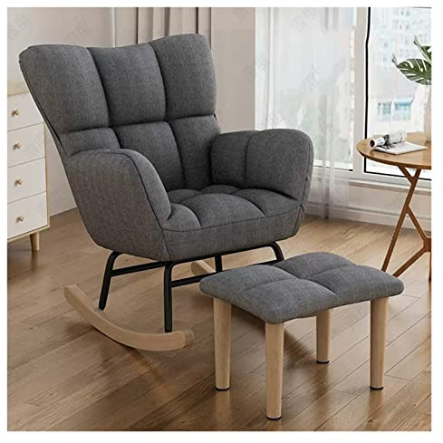 Silla mecedora moderna con reposapiés, sillón reclinable copetudo con respaldo de alas para guardería, sala de estar y dormitorio, cojín cómodo tapizado, color gris elegante