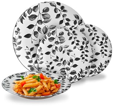 Avilia – Juego de platos modernos de porcelana de 18 piezas con decoración floral botánica negra, servicio elegante para 6 personas