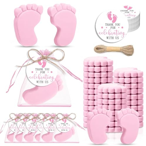 Baby Shower Favors Wedding Party Gifts 50 Sets for Guests Handmade Baby Feet Scented Soap Includes Organza Bags & Thank You Tags (50, PINK)