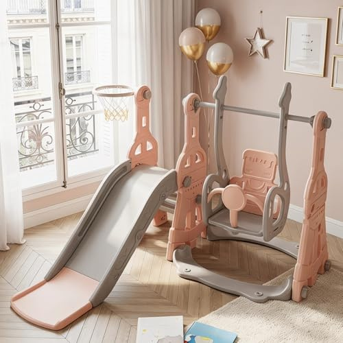 Scivolo per bambini 4 in 1, scivolo per bambini, con anello da basket, scivoli d'acqua, scale, altalene, multifunzione, per interni ed esterni, per bambini in età prescolare, colore rosa