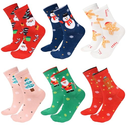 AWCIGG 6 Paia Calzini Natalizi Donna e Uomo Calzini Antiscivolo Natale Divertenti Calze Natalizie Unisex Calze Regalo Natale Taglia Unica Calzettoni Christmas Socks Confezione Regalo Taglia 36-43