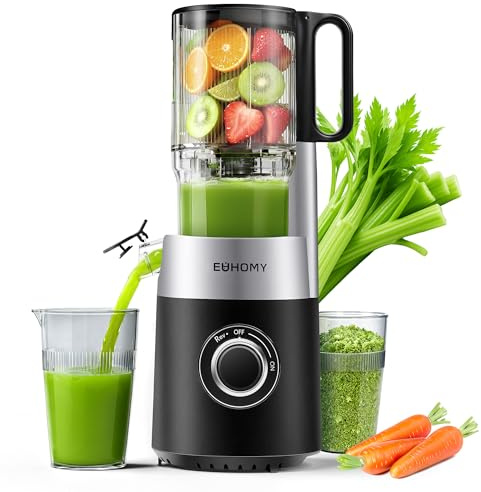 EUHOMY Entsafter, Slow Juicer für Ganze Gemüse und Obst, 135 mm großem Einfüllschacht 1,8 L Füllvolumen, Klingenkonstruktion aus Edelstahl- Leicht zu Reinigender Kaltpresse Saftpresse mit 2 Gläsern