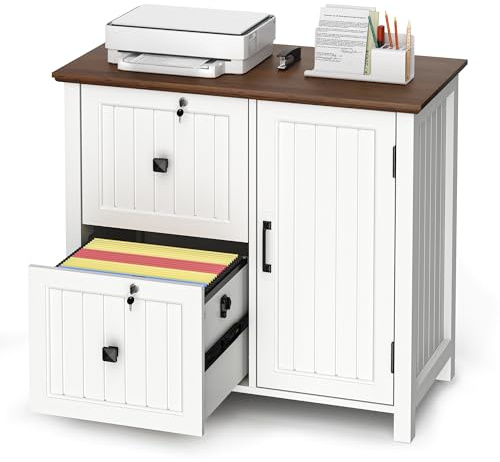 Pamapic File Cabinet, Wooden Filing Cabinet with 2 Lockable Drawers, Under Desk drawers for Letter/A4 Size, Home Office Drawer with Adjustable Shelf &1 Large Cupboard, Printer Stand, White