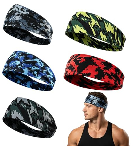 5 Piezas Cinta Pelo Deportivas Hombre, Diadema Pelo Hombre Banda de Pelo Elástica, Absorción de Sudor, Transpirable, Protección UV, Cinta Pelo para Fitness, Running, Yoga