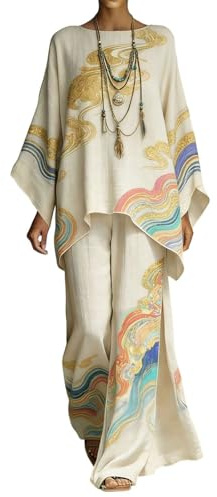 Gienslru 2 Pezzi Tuta Donna Complete Elegante Lino Estivo Boho Chic Top Kaftano Vintage e Pantaloni Gamba Larga Tute Curvy Completo Cerimonia Leggero Taglie Forti Spiaggia Vacanze Primaverile Set