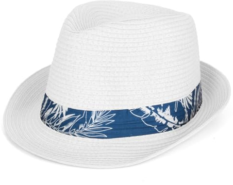 Woodland Leathers Panama Fedora Trilby Straw Sun Hats for Men, Beach Sun Cap Linen Panama Hat, Foldable Panama Hat for Holidays, Smart and Casual Occasions (White Leaf)