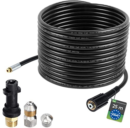 Flexible de nettoyage de tuyaux, 25m, 160-200 bar, adaptateur inclus, buses fixes + rotatives, compatible avec les nettoyeurs haute pression Kärcher K2, K3, K4, K5, K6, K7