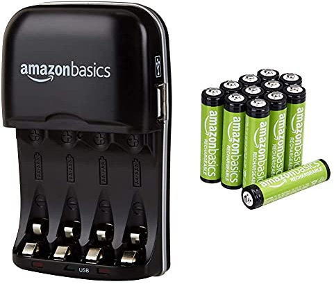 Amazon Basics - Cargador de Pilas de Ni-MH AA y AAA con Puerto USB + Pilas AAA Recargables, precargadas, Paquete de 12 (el Aspecto Puede Variar)