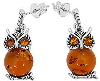 Kiara Jewellery Ohrstecker, 925er-Sterlingsilber, Eulenform, eingelegt mit braunem baltischem Bernstein., Sterling Silber, Bernstein