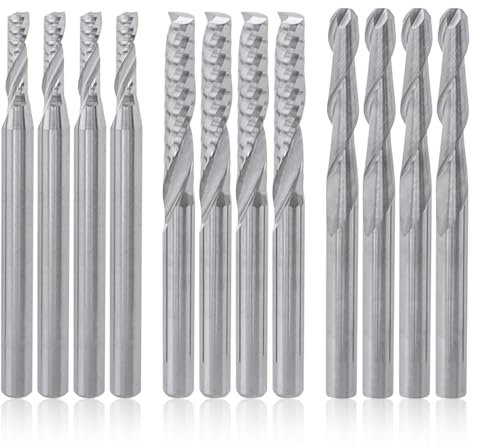 Mesee 12 Pieces Carbide END Mill Bit Cutter Set, 2 Types 1 Flute Single Edged Milling Cutter & 1/8 CNC Router Bits 2 Flute Cutting Tools or Nylon, Resin, ABS, Acrylic, PVC, MDF, Hardwood Engraving