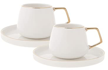 KARACA Streamline Saturn Porzellan Espressotassen Set - 90 ml Kaffeetassen mit Untertassen 4-tlg Kaffeeservice Modern mit 2 x Kaffeetasse & 2 x Untertasse, Türkische Kaffeetassen/Mokkatassen - Weiß