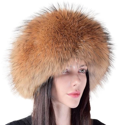 Valpeak Real Fur Hats for Women Winter Russian Fox Fur Hat Fluffy Fuzzy Furry Tail Outdoor Cold Weather (Natural)