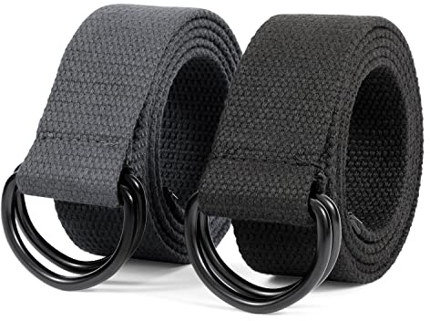 JASGOOD Men&Women Canvas Belt Web Fabric Casual Belt with Black Double D-ring 1 1/2 Wide Set of 2 (Black+Grey,Fit Waist Size 34''-39'')