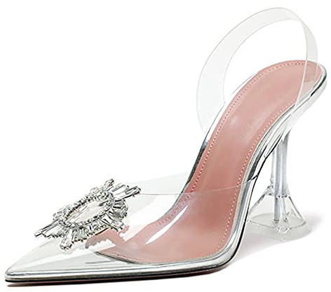 Women's Heels Shoes Crystal Rhinestones Slingback Wedding Shoes Pointed Toe High Heel Sandals Stiletto Pumps Slip on High Heels,Clear,10
