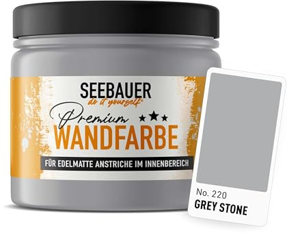 SEEBAUER diy Wandfarbe Grau 300ML für Innen (No. 220 Grey Stone) Edelmatte graue Innenfarbe - Grautöne sehr hohe Deckkraft - Matt, Abwaschbar und Tropffrei