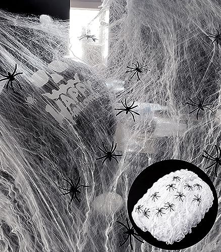 SHIYOUO Halloween Spider Web, 200g White Stretchable Cobweb With 50 Spiders Halloween Spider Web Deco Halloween Deco Kit for Halloween Party Deco