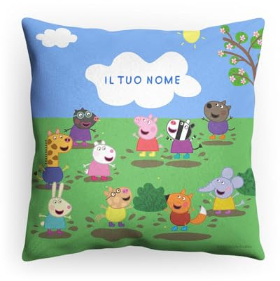 PICANOVA - Cuscino personalizzato Peppa Pig - Cuscino con nome - Testo personalizzato stampato - Cuscino decorativo per bambini - Amici nelle pozzanghere - 40x40cm