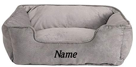 lionto Hundebett 2-in-1 mit komfortablem Einstieg, kuscheliges Heimtierbett zum Wenden für Hunde und Katzen, 60x50 cm, Hundekissen in pflegeleichter Wildlederoptik, grau (Namensaufdruck)