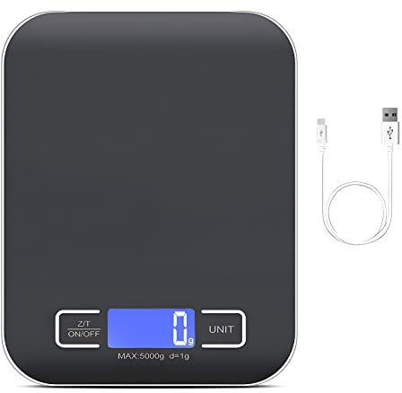 Bilancia da cucina digitale da 10 kg/1 g, ricaricabile tramite USB, con display LCD e funzione tara, con cavo di ricarica della batteria, colore: nero