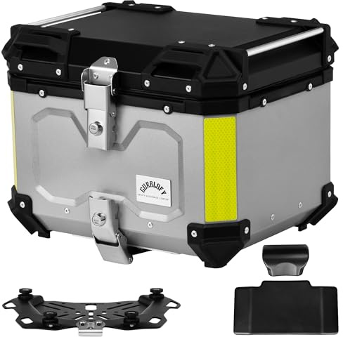 Gurblofy Motorcycle Top Case, 45L Motorcycle Tail Box Bag, Aluminum Top Trunk with Anti-Theft Lock System, Easy Installation with Universal Bracket, Waterproof, Rustproof and Dustproof, Silver
