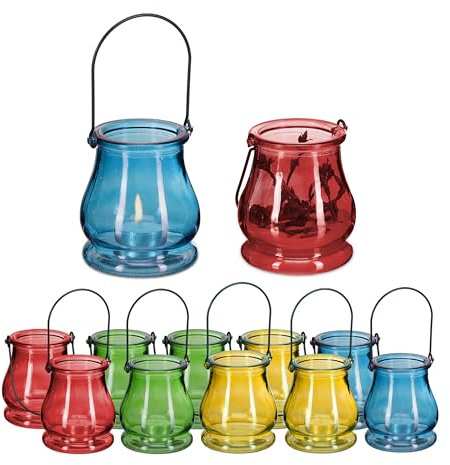 Relaxdays photophore, Lot de 12, intérieur et extérieur, avec Anse, lanternes, HxD : 9,5x8,5 cm, Verre, Multicolore