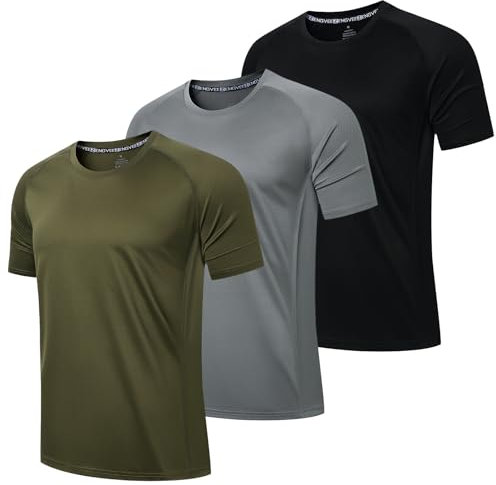 LUWELL PRO 3 Pack Mens T Shirts Gym Clothes Running ShirtsQuick Dry Sport Tops for Men UK Moisture Wicking Athletic Shirt Breathable Short Sleeve Work Tshirts Multipack(YF-UK-560-Black Grey Green-L)