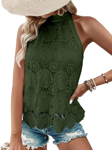 CUPSHE - Canotta da donna, con scollo a halter, senza maniche, in pizzo, con orlo smerlato, collo alto, spalle scoperte, stile camicia, Verde oliva, XL