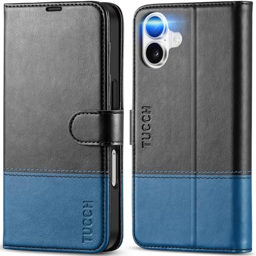 TUCCH Wallet Case for iPhone 16 (6.1) 2024, Protective Magnetic PU Leather Folding Cover with[RFID Blocking][Shockproof TPU][Card Slots][Kickstand] Compatible with iPhone 16 5G, Black&Light Blue