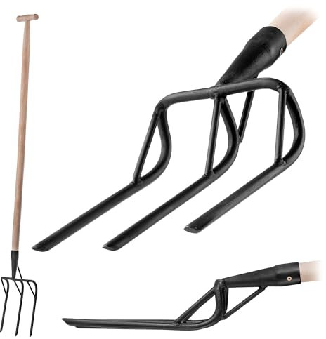 KADAX Spatengabel mit verstärktem Stahlkopf, 3 Zinken und ergonomischem T-Griff, Gartengabel zum Auflockern und Umgraben von harten Böden (Mit Stiel)