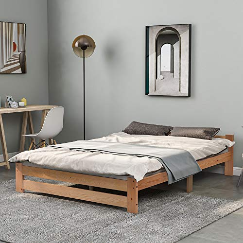Cama futón de madera maciza natural con somier y cabecero, natural (200 x 140 cm)
