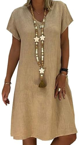 Kvruhuiy Womens Summer Beach Dress Cotton Linen Casual Short Sleeve Dress Khaki XL