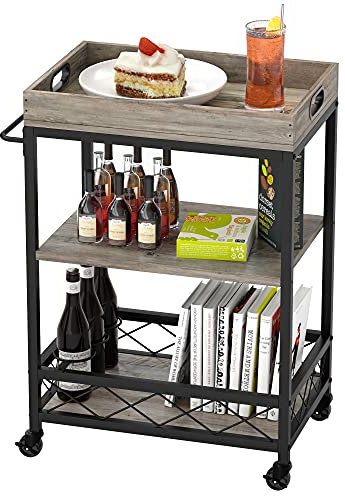 OPULENTHOME Carro de servicio de cocina con bandeja extraíble, carrito de servir para el hogar, carrito de café con ruedas, carrito de bebidas para casa, salón, fiesta, bar (gris)