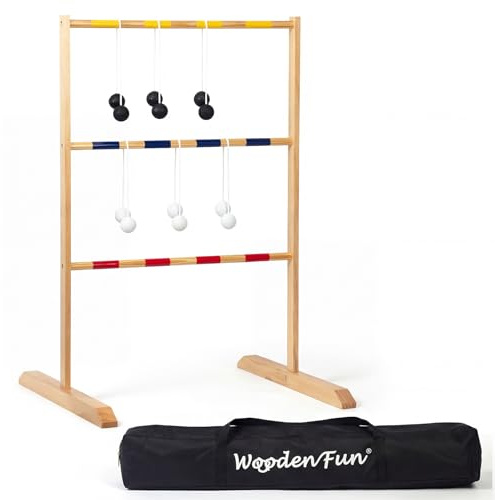 WOODENFUN Leitergolf - Gioco di scale in legno per esterni, con 9 bolas e borsa, per adulti e bambini a partire dai 3 anni, 90 x 62 x 58 cm