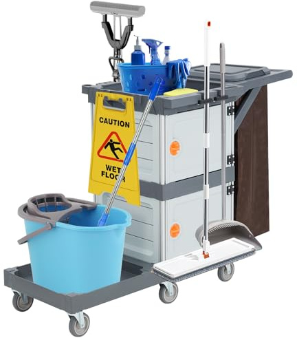 Carrello Pulizie Professionale,Carrello Per Pulizie Commerciali Di Hotel e Ospedali Con Armadietti Ripiani,Carrelli Multiuso Per Pulizia Con 6 Ruote e Sacco in Vinile Per Ufficio, Hotel, Capacità 300