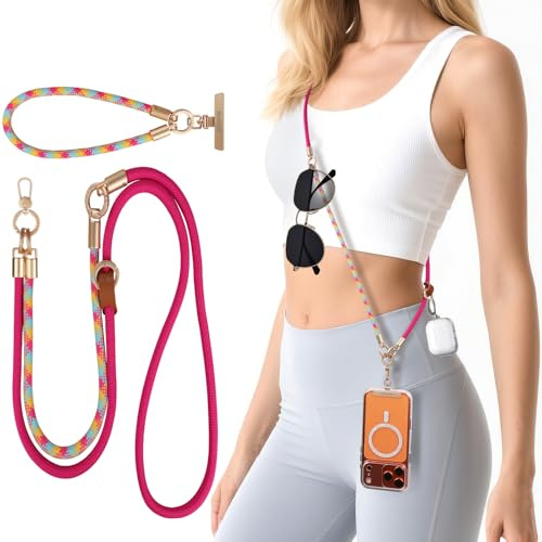 memumi 3-in-1 Handykette Universal, Verstellbares Handyband zum Umhängen mit Metallschnalle, Nylon Lanyard für Hals Handgelenk Schulter, Kompatibel mit Smartphones 4-6,9 Zoll – Rosarot