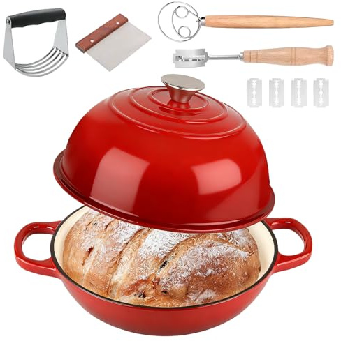 Marmite en Fonte Émaillée 5,7L Ovale, Cocotte Dutch Oven 26 cm avec Couvercle, Poignées Bois & Accessoires Pain, Tous Feux + Four jusqu’à 260°C