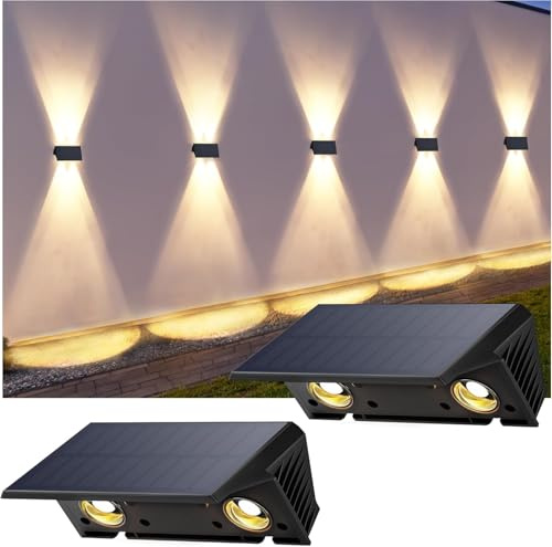 IIRARA Lampada Solare da Esterno di 2 Pezzi Alto e Basso Luci Solari Esterno Energia Bianco Caldo Illuminazione per Esterni 100LM Applique da Solare IP67 per Muro Vialetto Giardino
