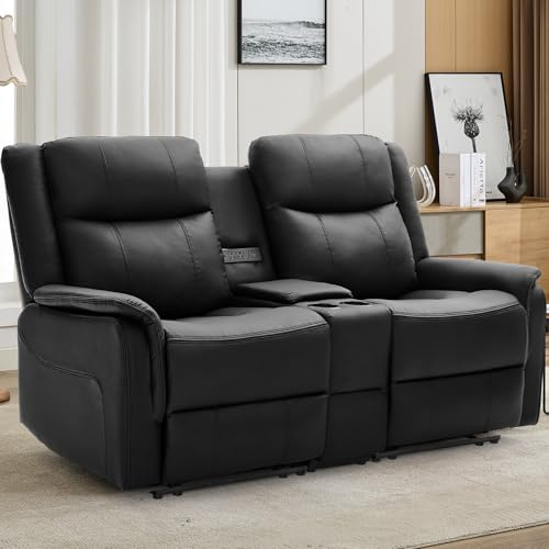 Korser Loveseat Recliner Sofa, Reclining Loveseat Couch, Reclining Couch with Console, USB Port, US Outlets, and Cup Holders, 2-Seater Leather Sofa for Living Room (2-Seater, Leather-Black)