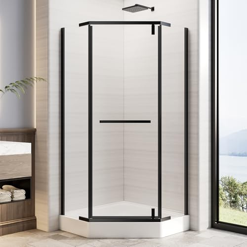AONLEE Neo-Angle Shower Door 36 X 36 X 72 in 1/4 in Tempered Glass with Anti-Shatter Film Black Stainless Steel Frame Corner Walk-in Shower Enclosure Adjustable Reversible Install