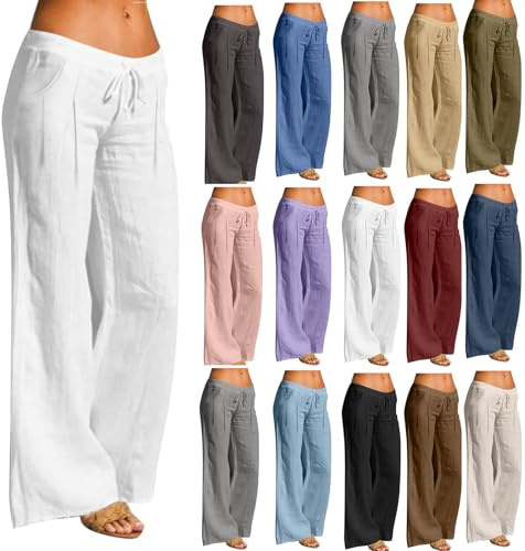 Pantalones de Lino Mujer,Algodón y Lino Pantalones Mujer Primavera Verano Cintura Elástica con Cordón Pantalon Chandal de Pierna Ancha Rectos Cómodo Transpirable Pantalón Largo de Playa