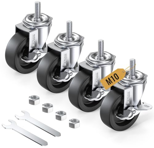 HOLKIE Castor Wheels 75mm with Brakes Stem Castors Set of 4 Heavy Duty, M10 x 1.5 x 25mm (Screw Diameter 10mm, Screw Length 25mm) Threaded Stem Caster Locking Swivel Trolley Furniture Casters Black