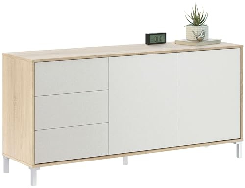 Habitdesign Aparador 2 Puertas + 3 Cajones, Buffet, Modelo Brooklyn, Acabado Roble Canadian y Blanco Artik, Medidas: 74 cm (Alto) x 154 cm (Ancho) x 41 cm (Fondo)