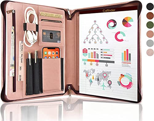 Calfinder Schreibmappe A4, Konferenzmappe A4, Veganes Leder, Arbeitsmappe, Aktenmappe a4, Ledermappe A4, Businessmappe, Schreibmappe A4mit reißverschlussGeschenke für Fauen, Rosa