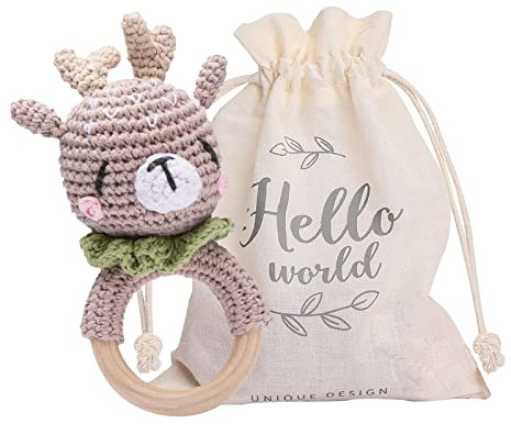 Youuys Hochet Bebe en Bois D'Animal, Anneau de Dentition en Bois pour Bébé, Hochet Au Crochet, Montessori Jouet Nouveau-né Bébé Cadeau (Wapiti)