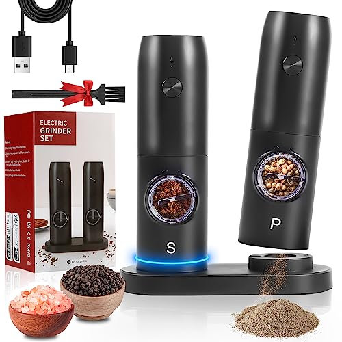 Dreamhigh® Macina Spezie Elettrico, Set Macina Sale e Pepe con Doppia Stazione di Ricarica, Luce LED e Rugosità Regolabile